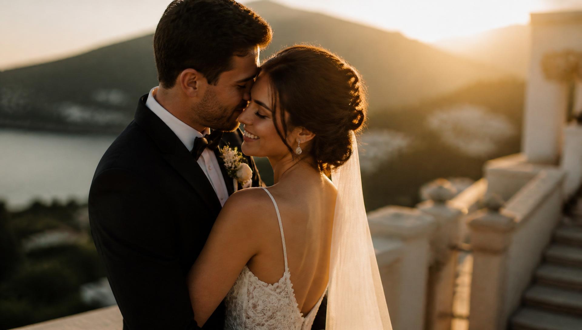 Cinematografisch, sfeervol bruiloftsbeeld met mooie compositie en warm licht