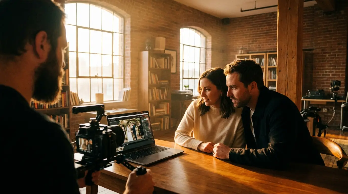 Bruidspaar bekijkt samen met filmmaker de eerste beelden op een laptop in een warme, industriële studio