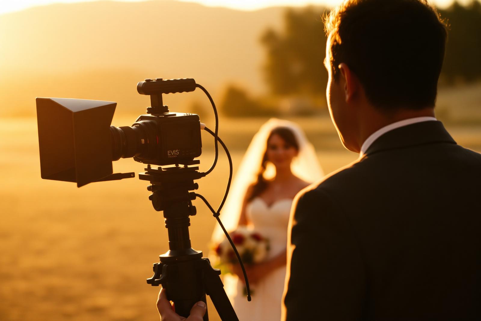 Videograaf die tijdens gouden uur discreet een bruidspaar filmt