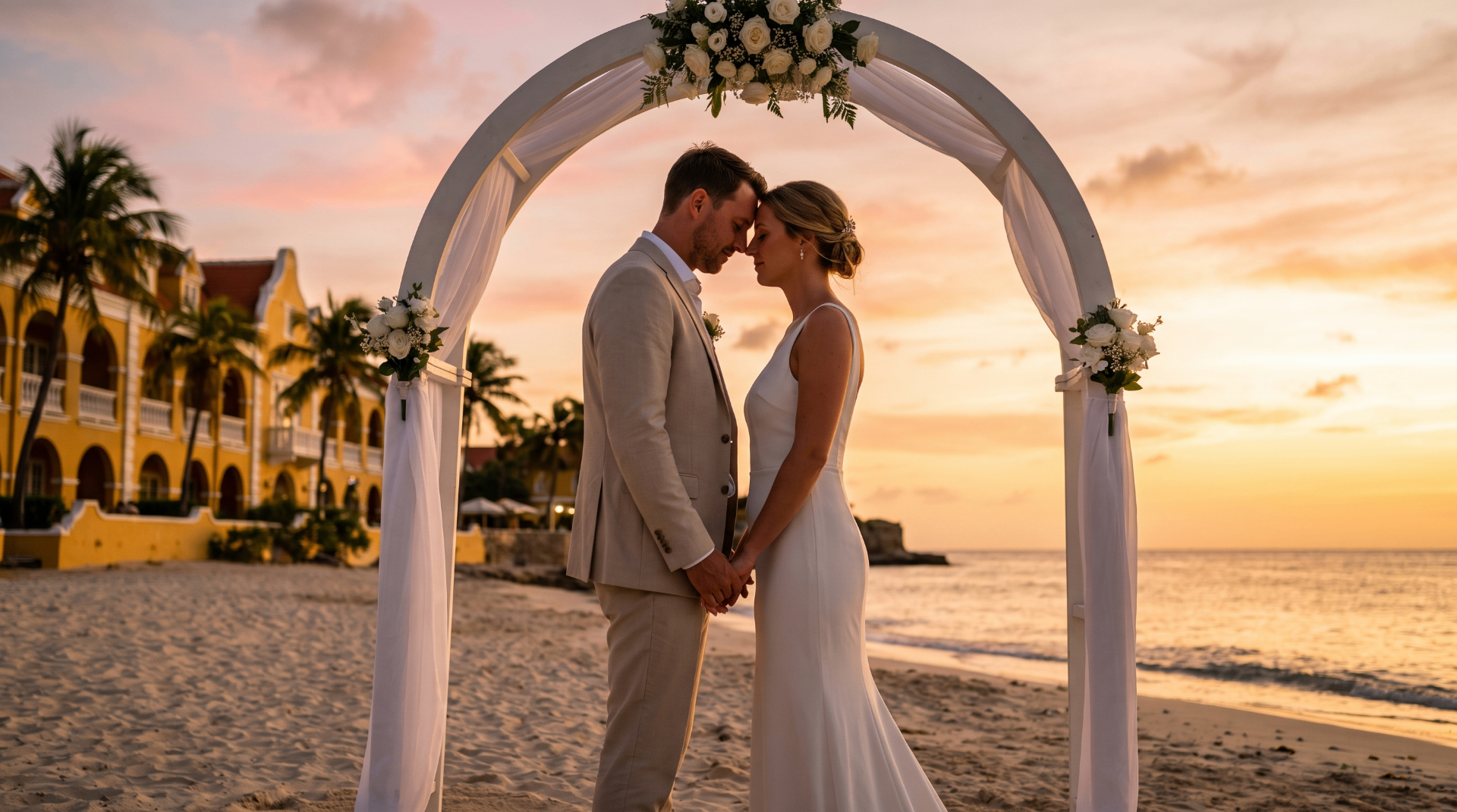 Bruidspaar onder witte bloemenboog op het strand van Curaçao bij zonsondergang, met koloniaal geel landhuis op de achtergrond