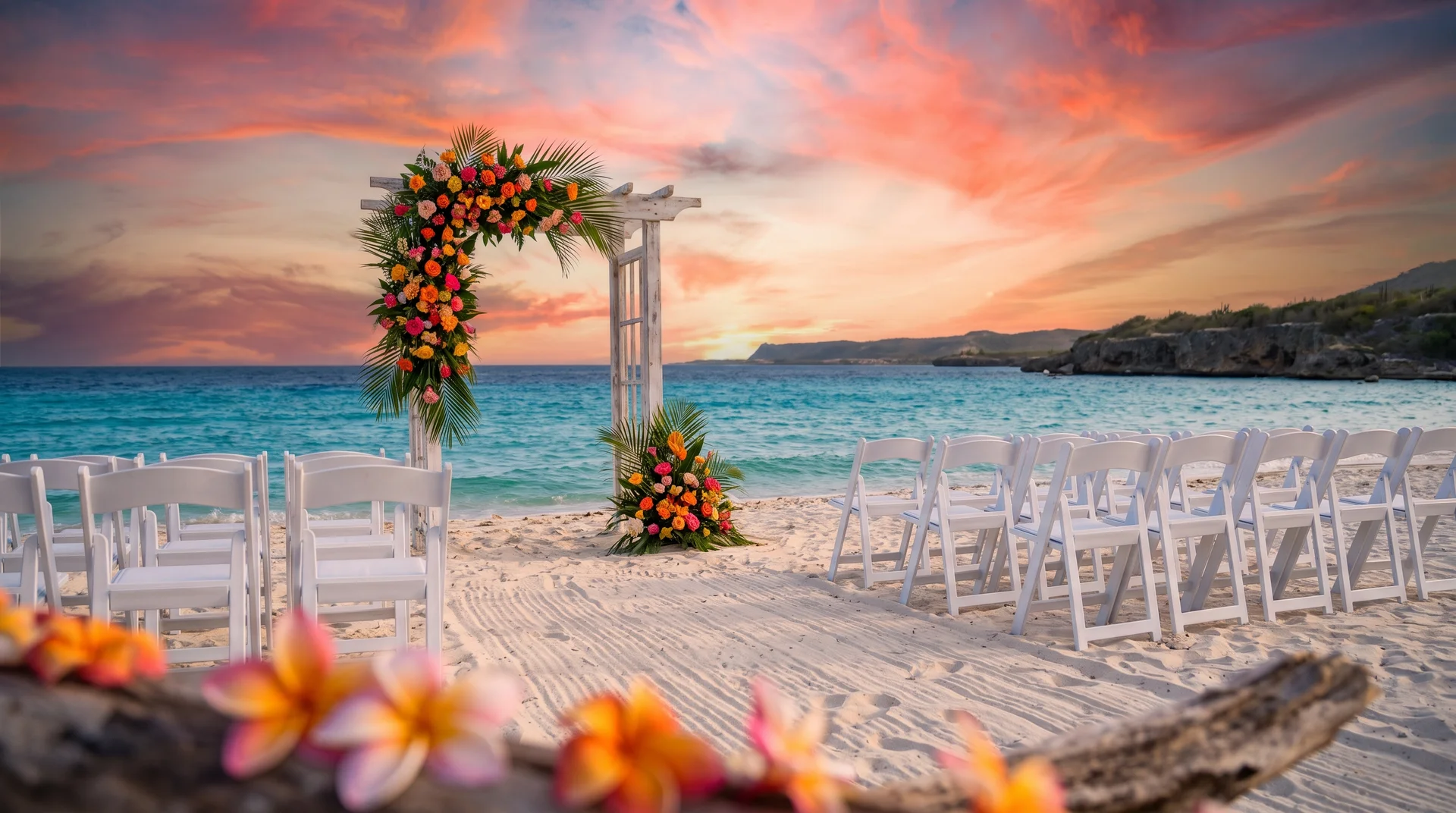 Strandceremonie op Curaçao met bloemenboog en witte stoelen tijdens zonsondergang